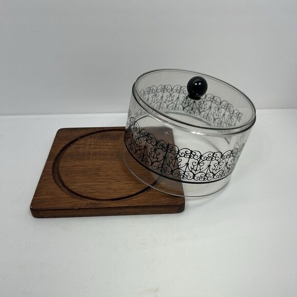 Vintage Cheese Board Mid Century Modern MCM Domed Cloche Wooden Plastic Serving - Picture 5 of 13